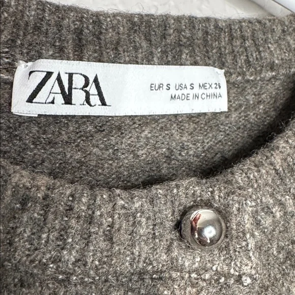 Zara Cardigan Metallic Buttons Grey Brown Size Small - Picture 4 of 8
